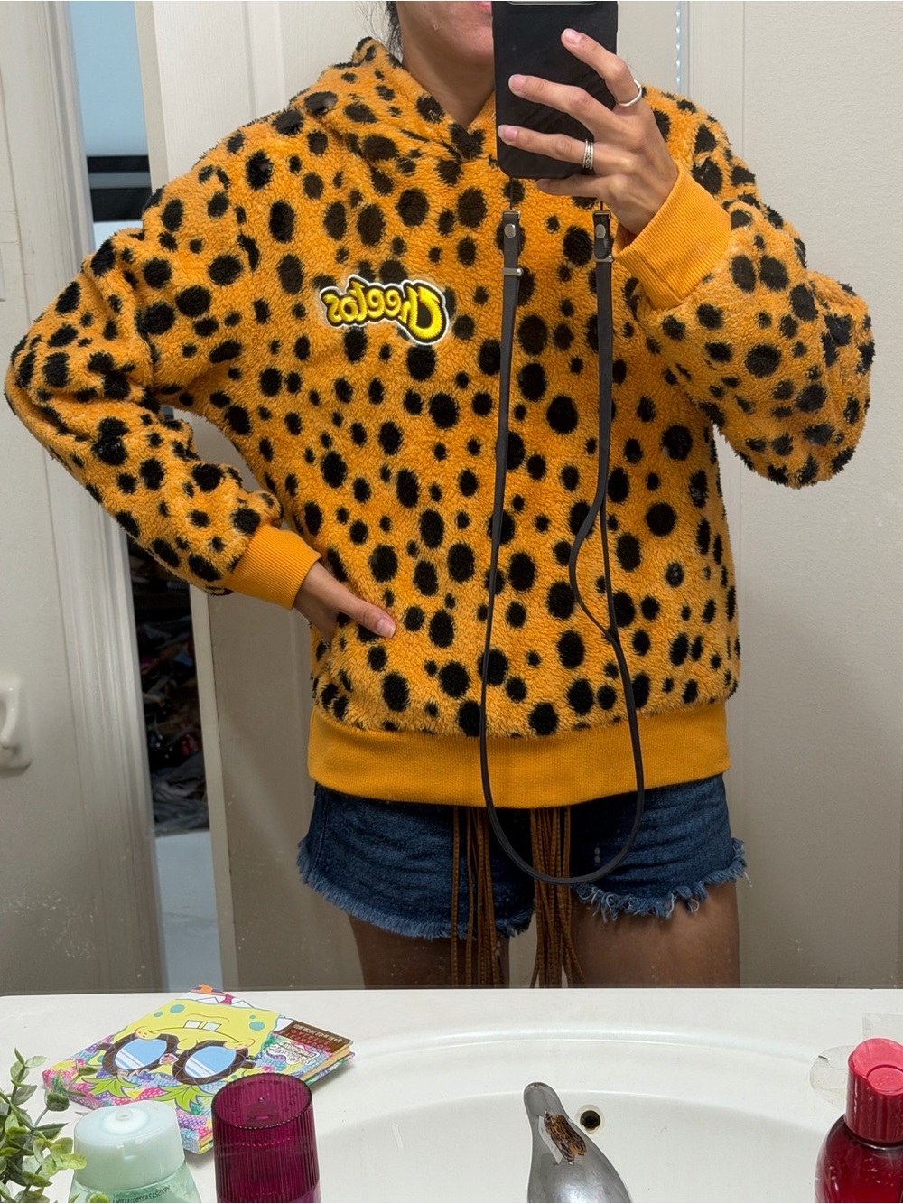 Cheetos Leopard Print Sherpa Hoodie Size S Y2K Cozy Fleece Pullover